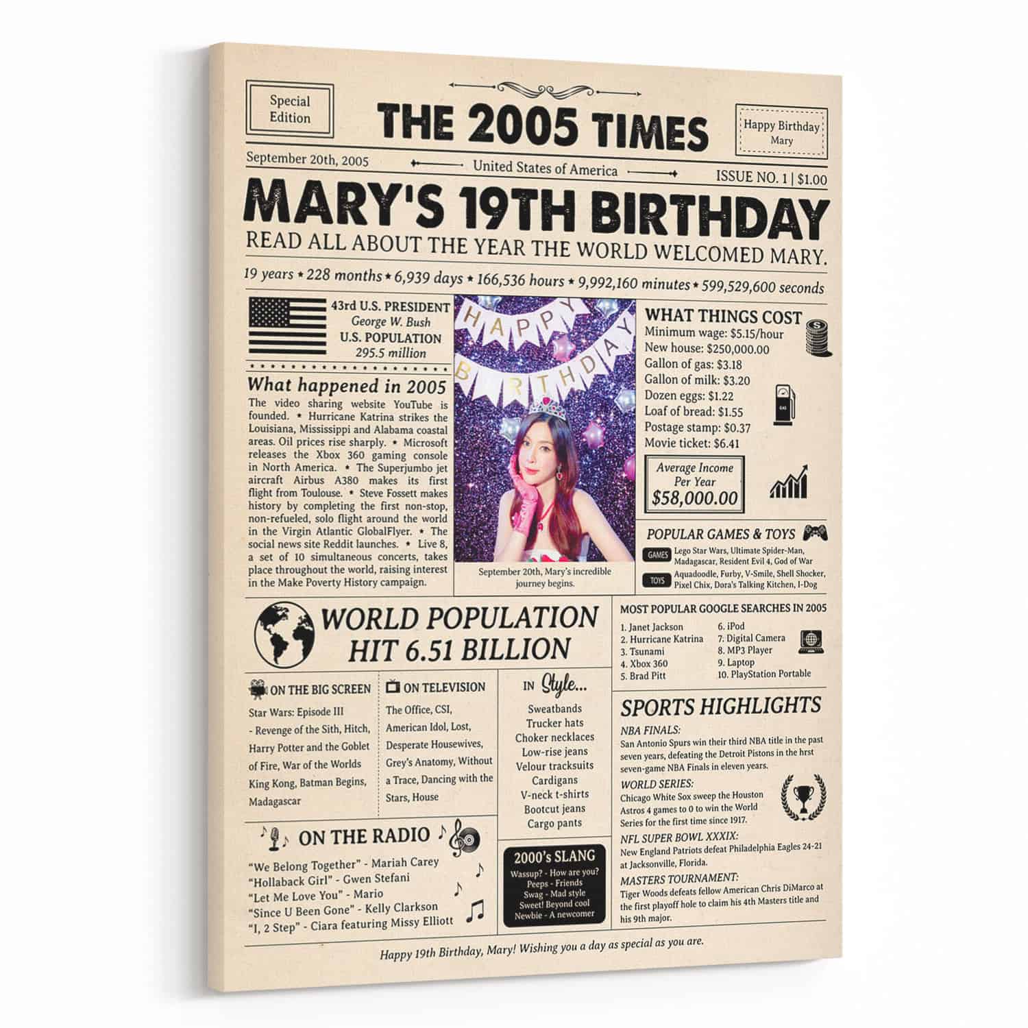 19th Birthday Gift: 2007 Birthday Newspaper Canvas