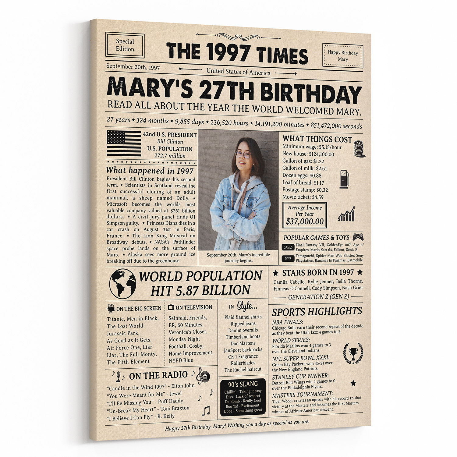 27th Birthday Gift: 1997 Birthday Newspaper Canvas