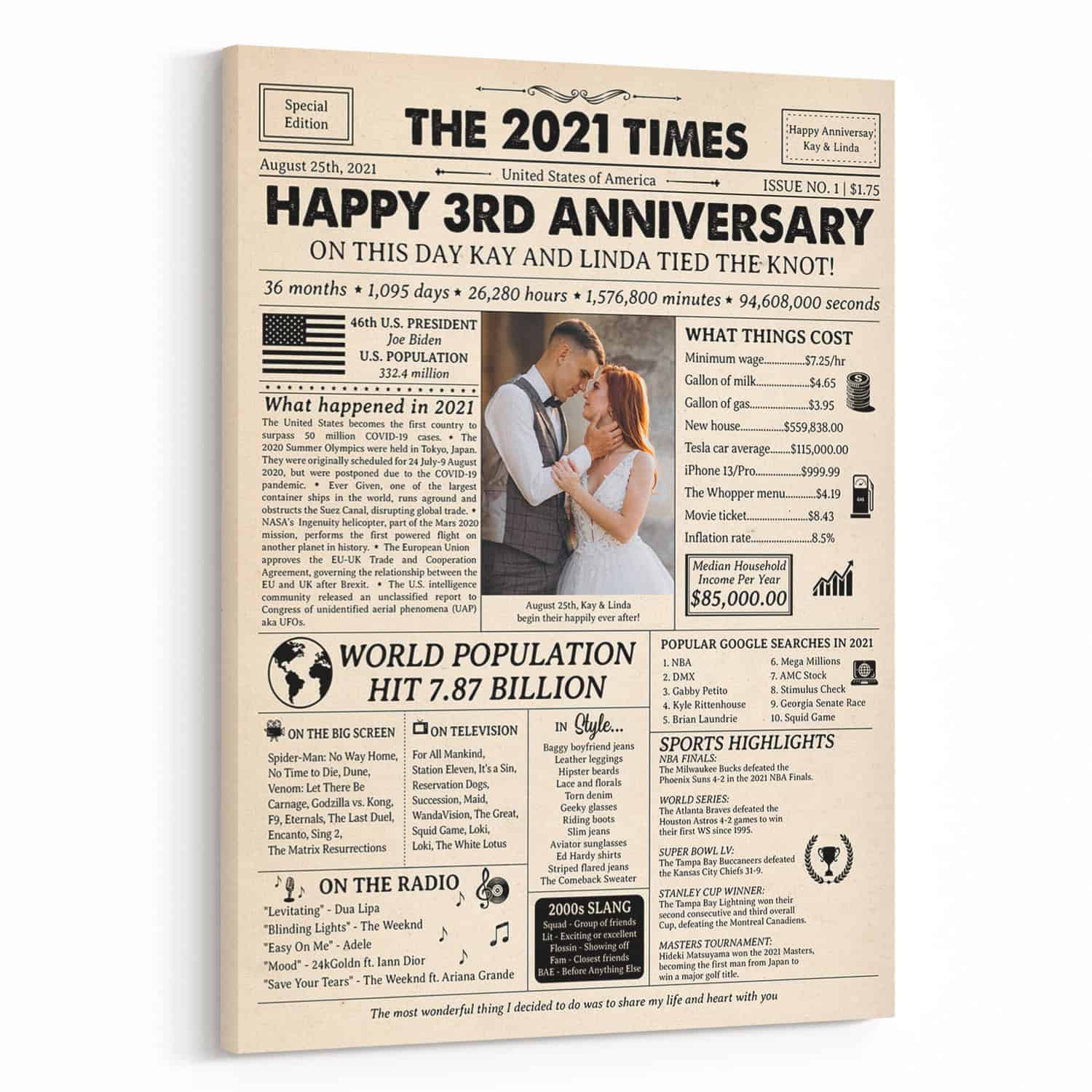 Happy 3rd Wedding Anniversary Custom Photo Newspaper Canvas Print