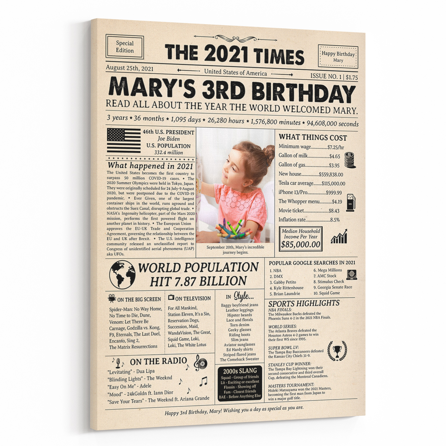 3rd Birthday Gift for Kid: 2021 Birthday Newspaper Canvas