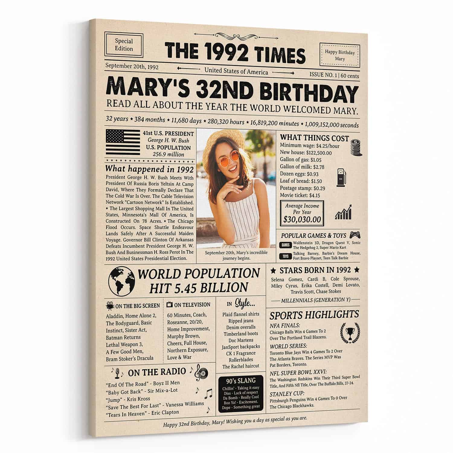32nd Birthday Gift: 1992 Birthday Newspaper Canvas