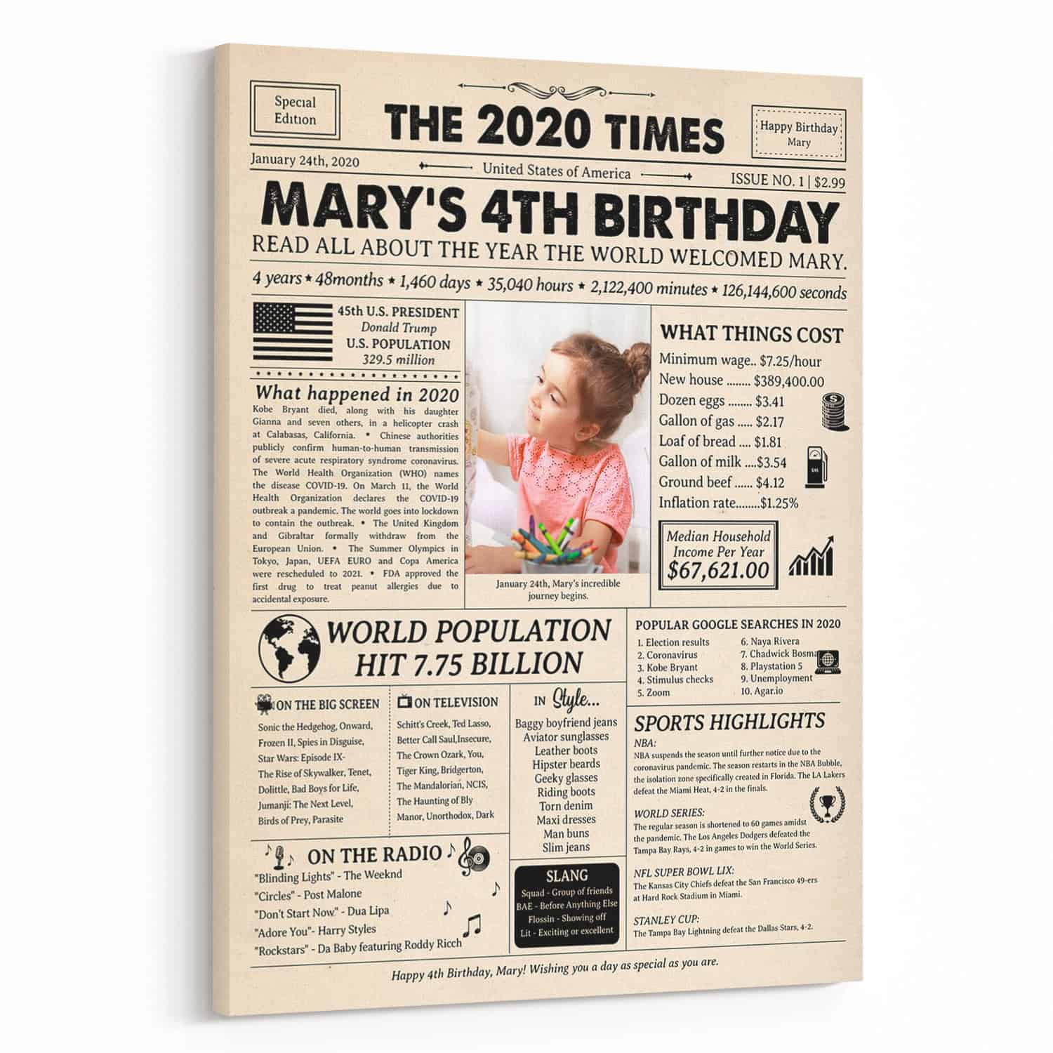4th Birthday Gift for Kid: 2020 Birthday Newspaper Canvas