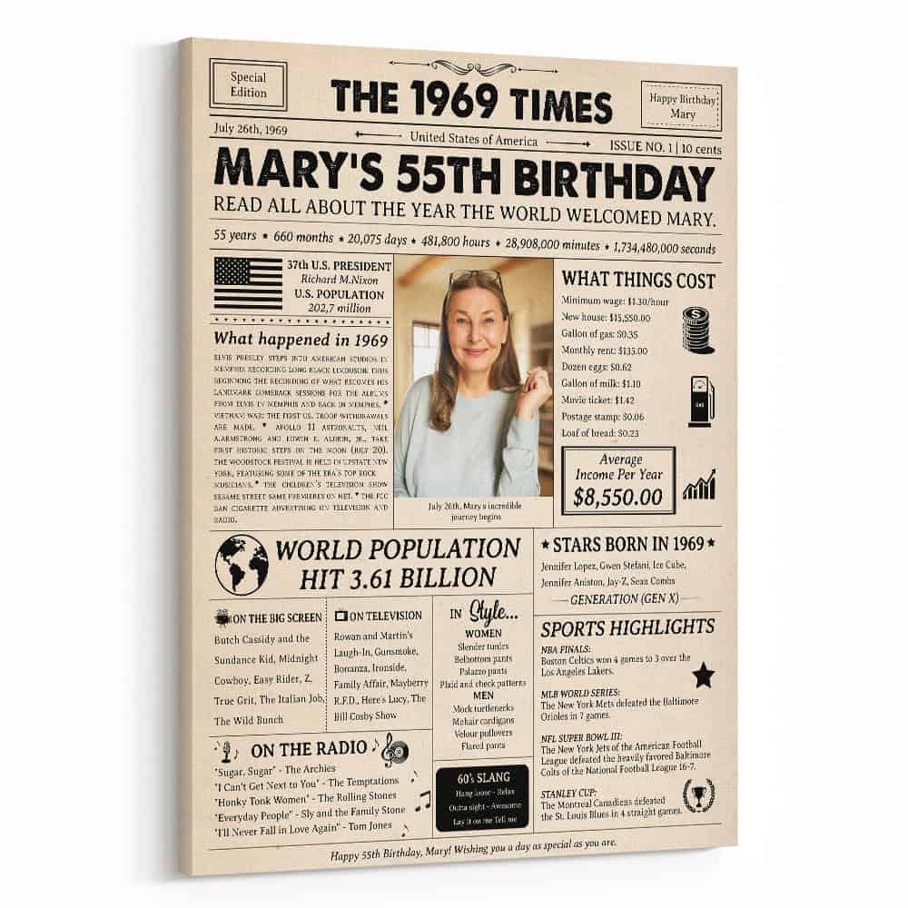 55th Birthday Gift: 1969 Birthday Newspaper Canvas