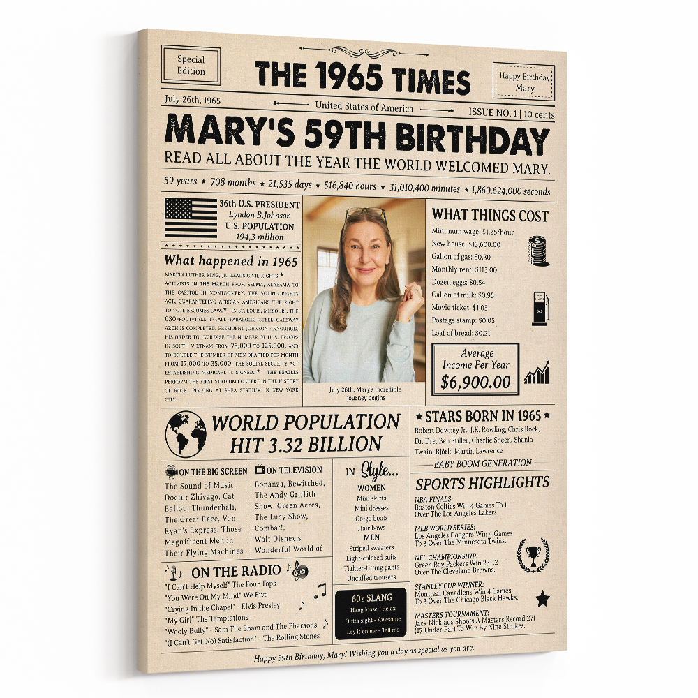 59th Birthday Gift: 1965 Birthday Newspaper Canvas