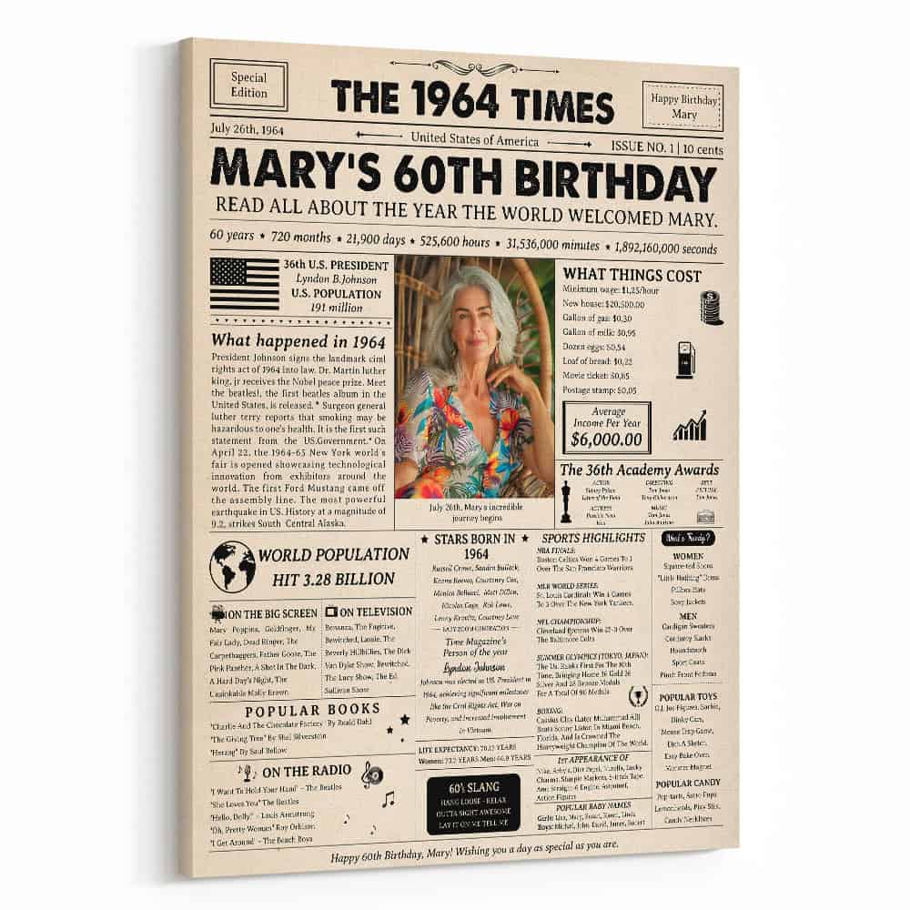 60th Birthday Gift: 1964 Birthday Newspaper Canvas