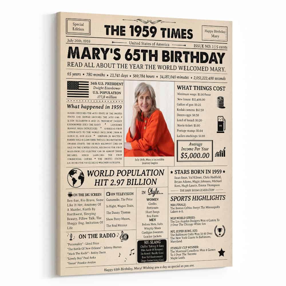 65th Birthday Gift: 1959 Birthday Newspaper Canvas