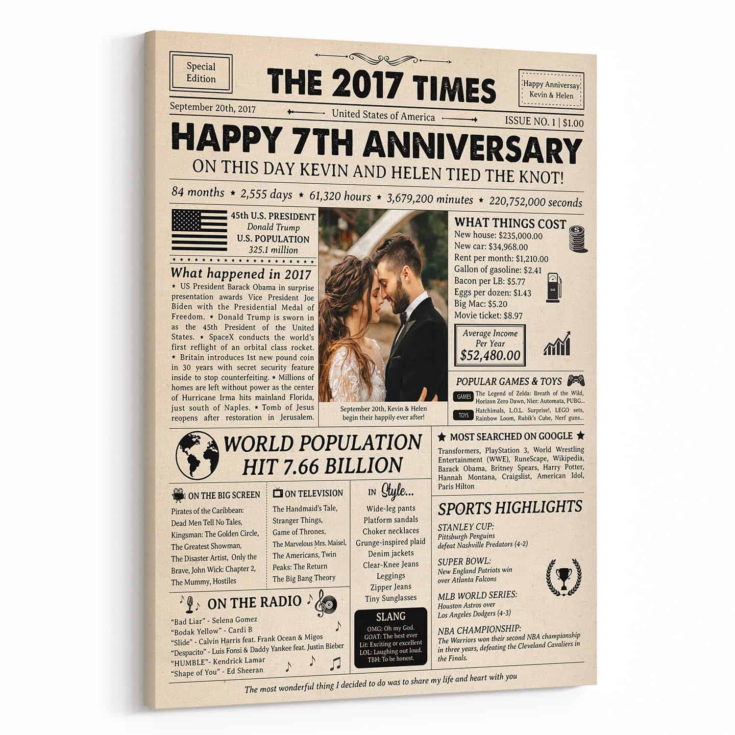 Happy 7th Wedding Anniversary Custom Photo Newspaper Canvas Print