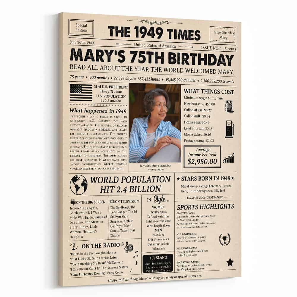 75th Birthday Gift: 1949 Birthday Newspaper Canvas