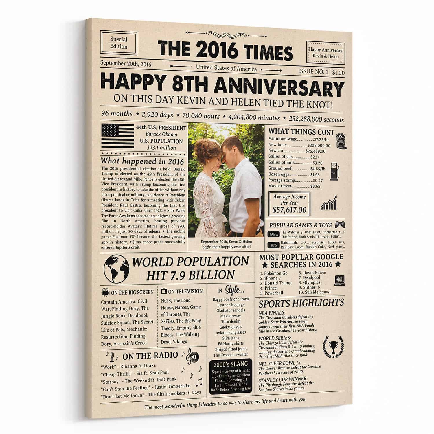 Happy 8th Wedding Anniversary Custom Photo Newspaper Canvas Print