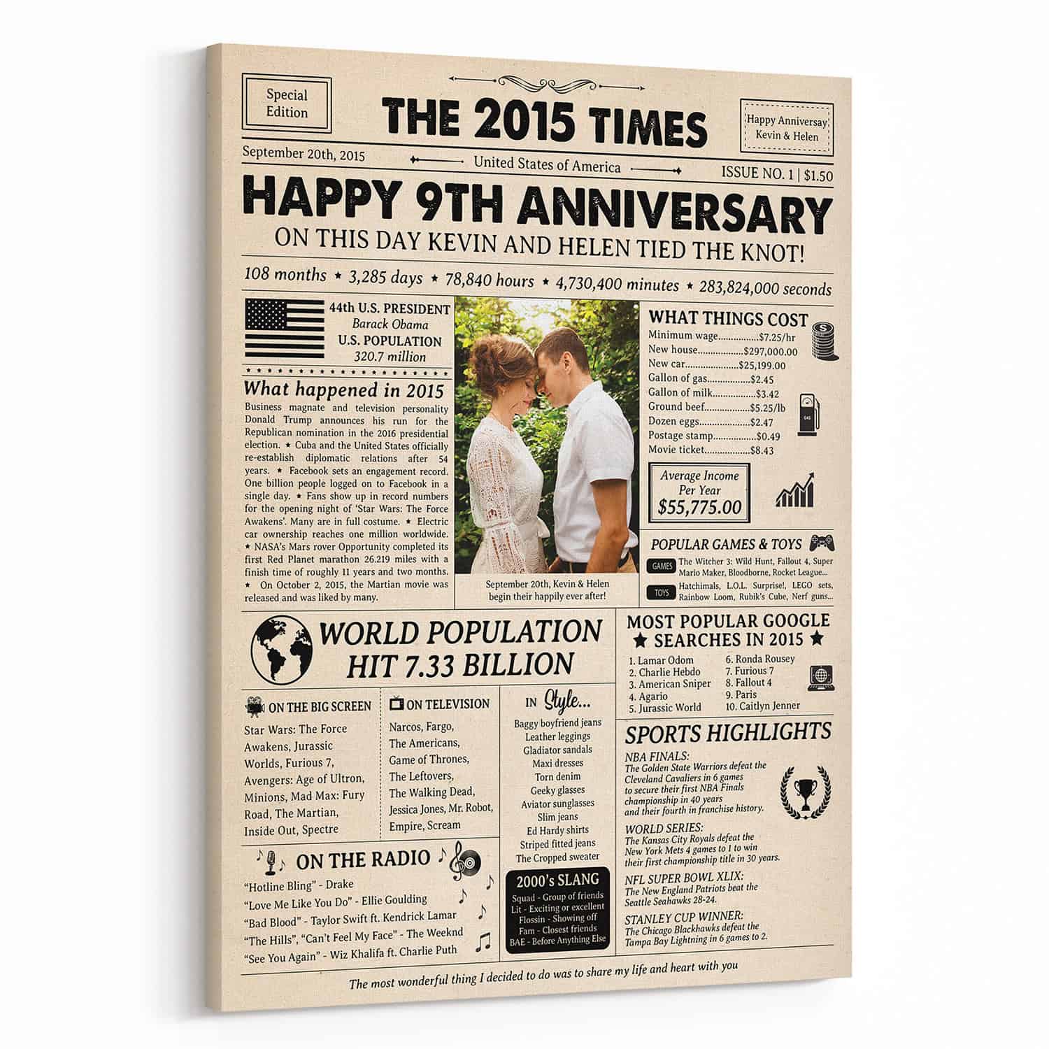 Happy 9th Wedding Anniversary Custom Photo Newspaper Canvas Print