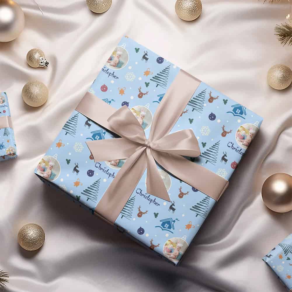 Personalized Baby Boy Blue Reindeer Christmas Wrapping Paper