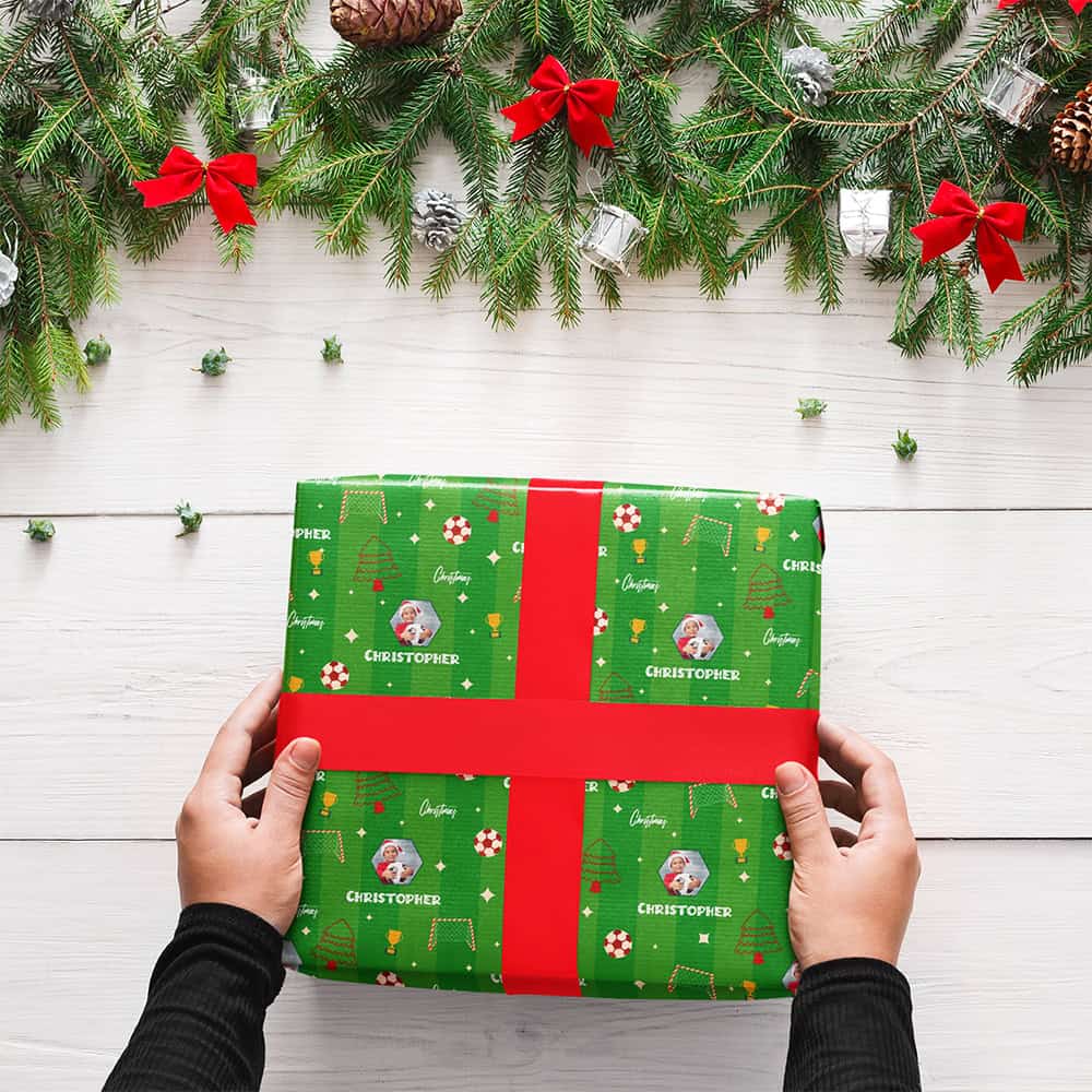 Personalized Little Boy Green Soccer Christmas Tree Wrapping Paper