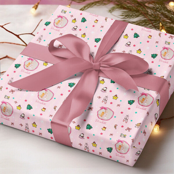 Personalized Baby Girl Pink Ballerina Christmas Tree Wrapping Paper