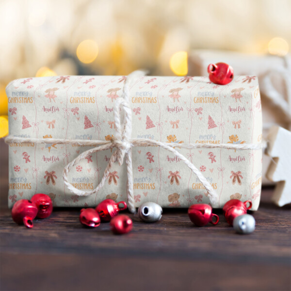 Personalized Little Girl Pink and White Ballerina Bow Christmas Wrapping Paper