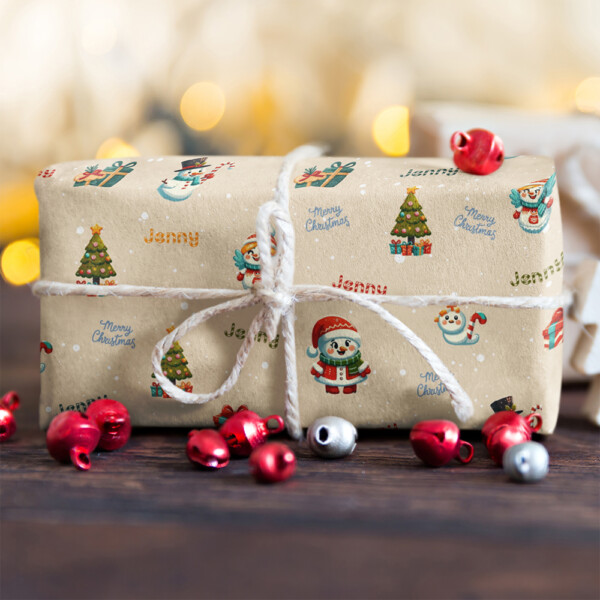 Personalized Little Girl Beige Snowman Christmas Wrapping Paper