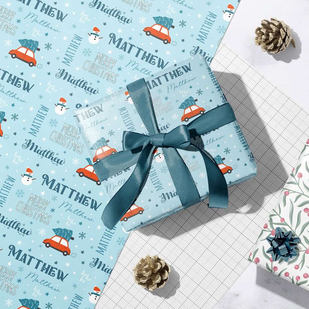Personalized Little Boy Light Blue Merry Christmas Wrapping Paper