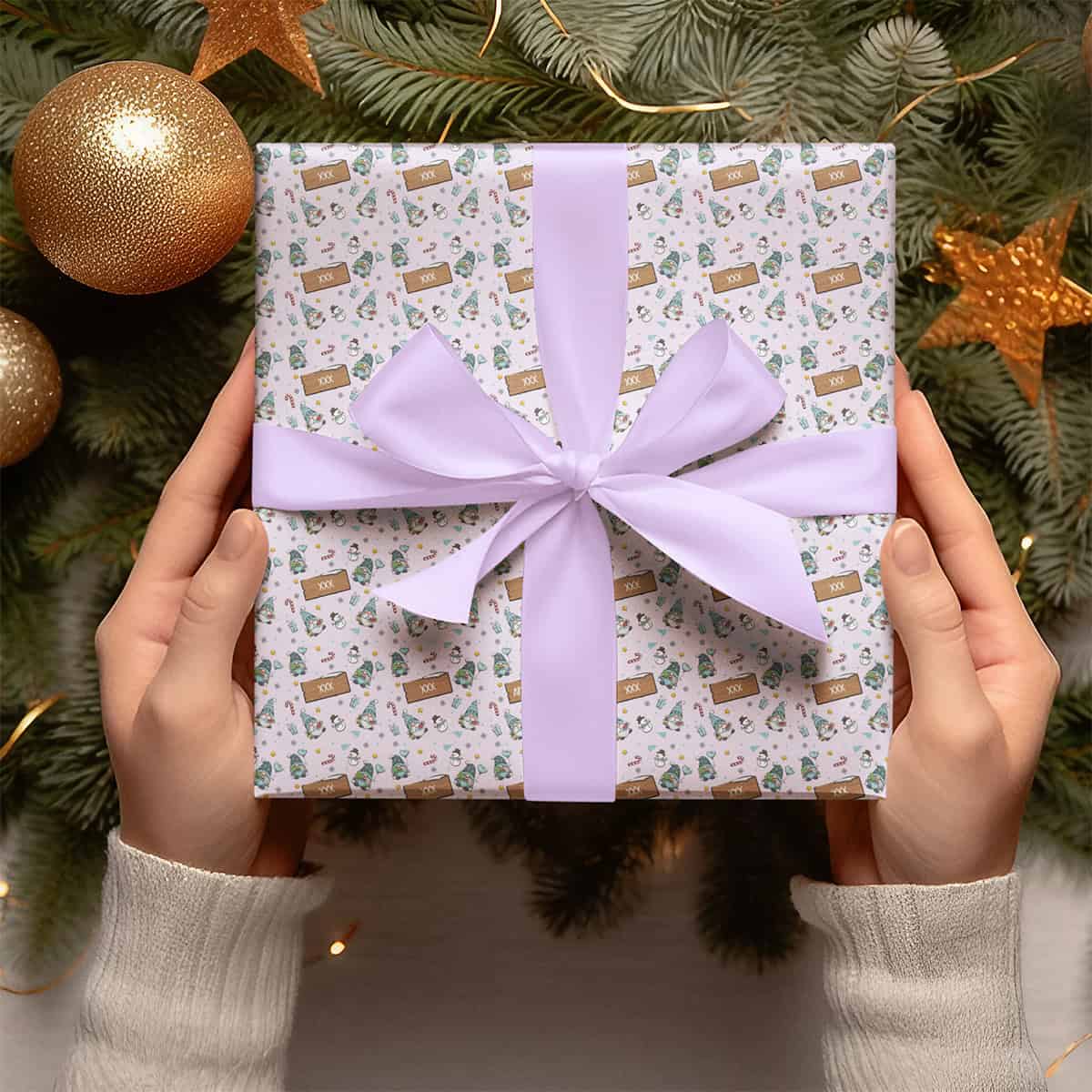 Personalized Lilac Gnome Snowman Christmas Wrapping Paper