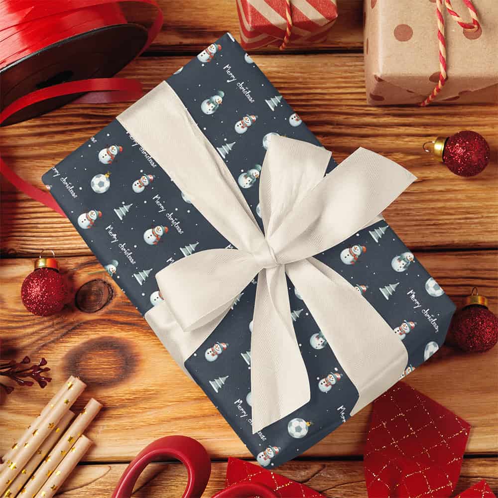 Little Boy Navy Blue Snowman and Soccer Ball Christmas Wrapping Paper