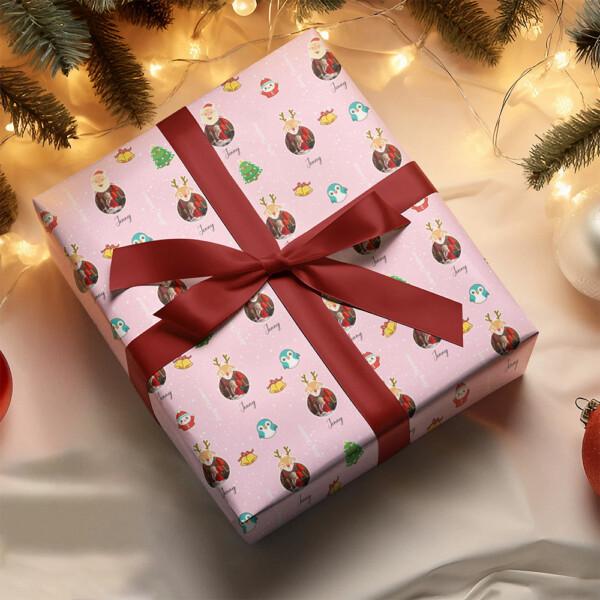 Personalized Little Girl Pink Reindeer Christmas Wrapping Paper