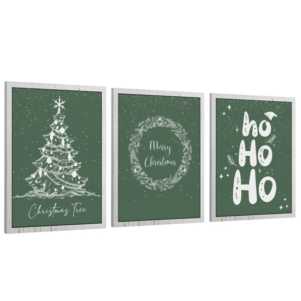 3pcs Green Christmas Wall Art Set - Tree, Wreath, and Ho Ho Ho Canvas