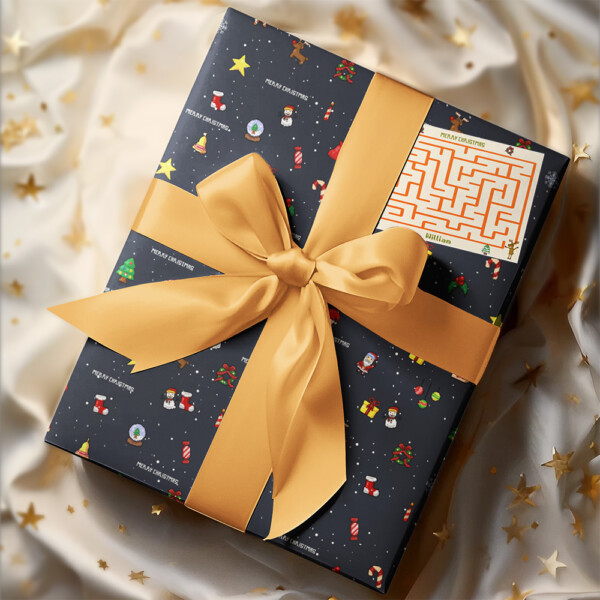 Personalized Name Black Christmas Wrapping Paper Play Game Children Find Way Go Home