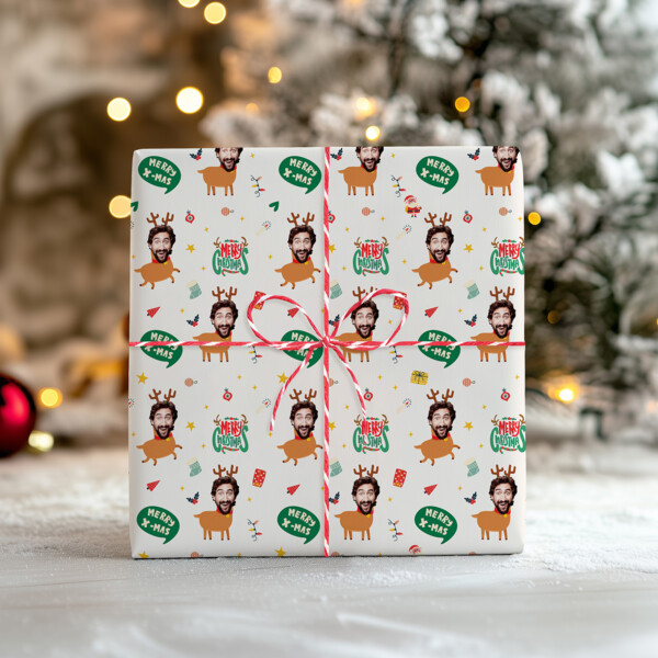 Personalized Reindeer Face White Merry Christmas Wrapping Paper