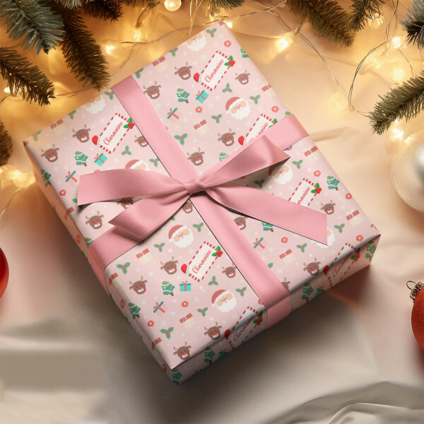 Personalized Name Pink Santa Christmas Wrapping Paper