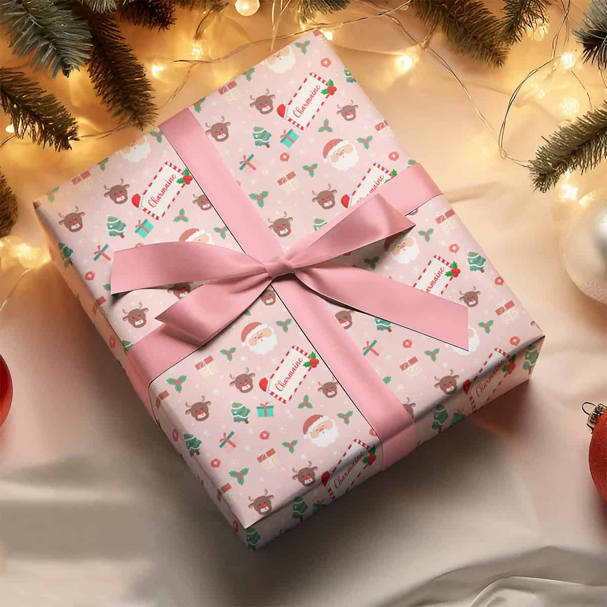 Personalized Name Pink Santa Christmas Wrapping Paper