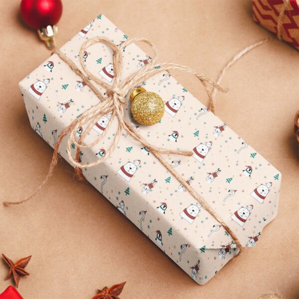 Little Girl Beige Polar Bear and Penguin Christmas Wrapping Paper