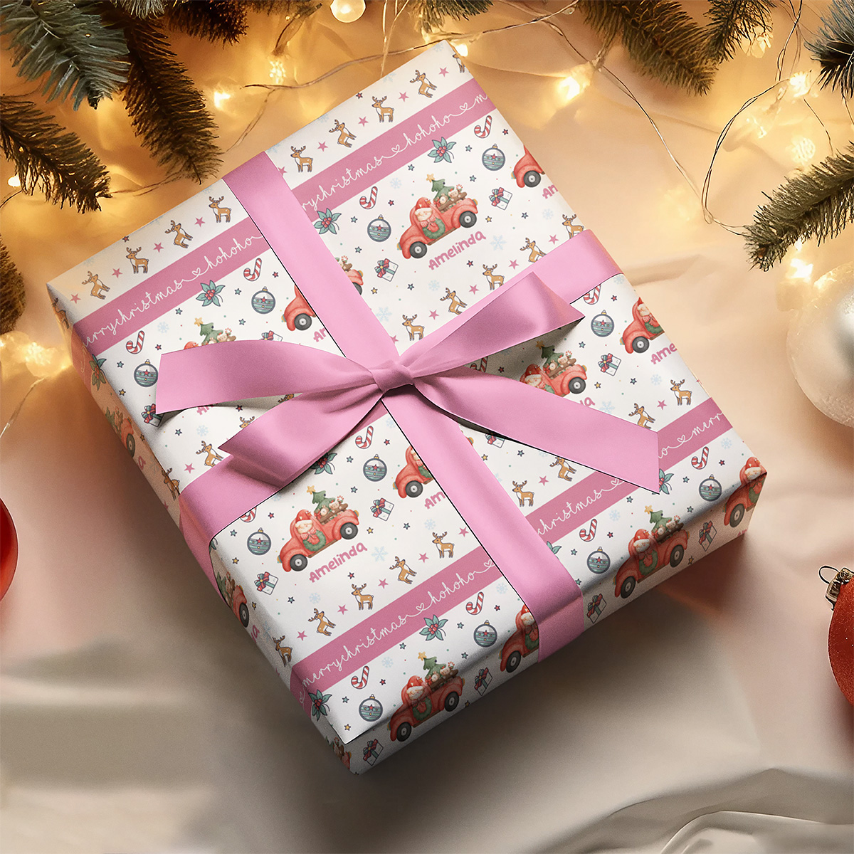 Custom Name Pink Truck Christmas Wrapping Paper
