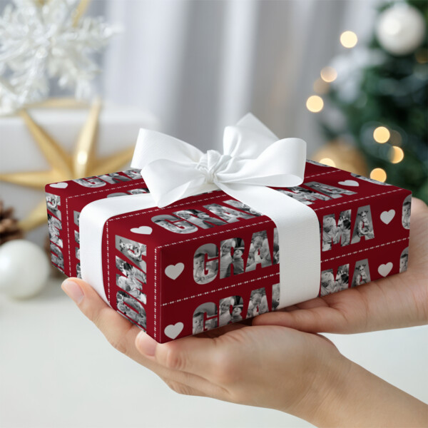 Personalized Photos Grandma Red Christmas Wrapping Paper