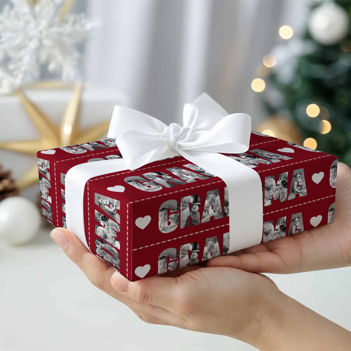 Personalized Photos Grandma Red Christmas Wrapping Paper