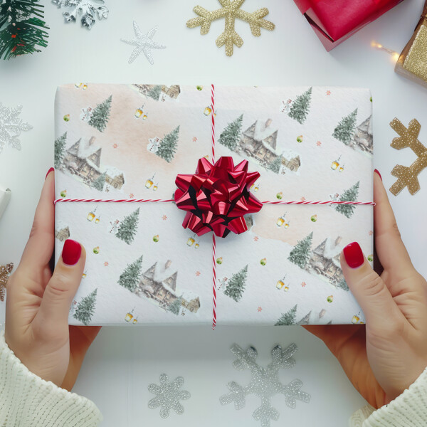 Watercolor Christmas House Forest Wrapping Paper