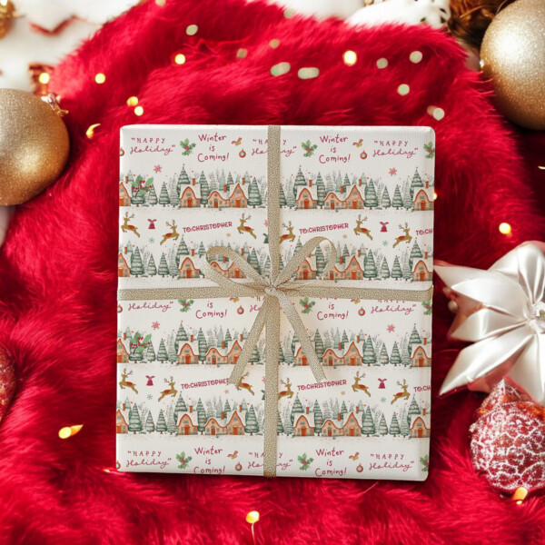 Custom Name White Winter Snowtown Christmas Wrapping Paper