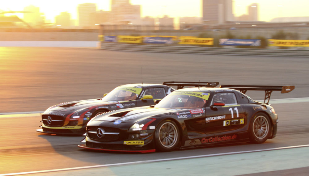 Mercedes-Benz SLS AMG GT3 customer sport racing car, 2014 Dubai 24-hour race. Photo from 2014.