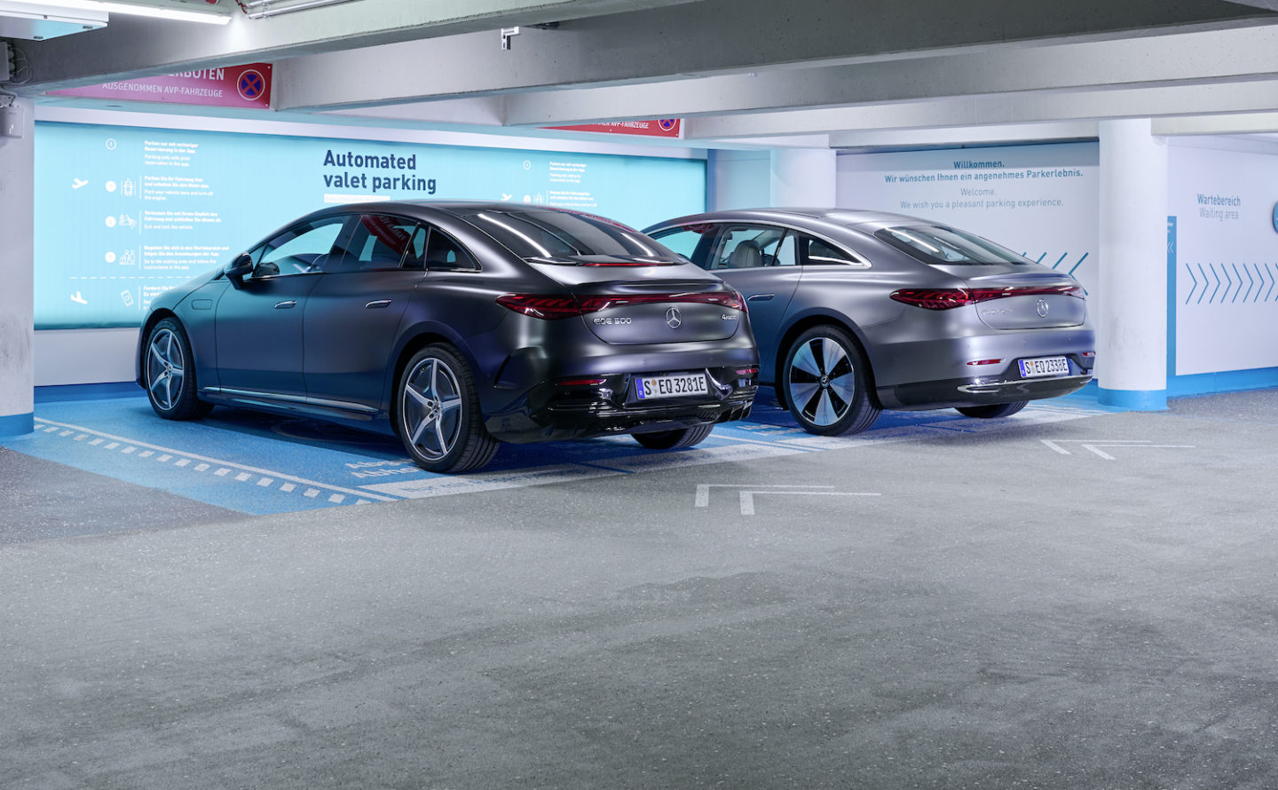 Highly automated and driverless parking: Now available for E-Class, EQE SUV and EQS SUV by Mercedes-Benz. EQE 500 4MATIC | WLTP: combined electrical consumption: 19.5-16.8 kWh/100 km; combined CO₂ emissions: 0 g/km* / EQE 500 4MATIC SUV | WLTP: combined electrical consumption: 21.9‒18.4 kWh/100 km; combined CO₂ emissions: 0 g/km.* / EQS 450+ | WLTP: combined electrical consumption: 19.7‒16.4 kWh/100 km; combined CO₂ emissions: 0 g/km.* / EQS 450+ SUV | WLTP: combined electrical consumption: 22.5‒18.8 kWh/100 km; combined CO₂ emissions: 0 g/km.*