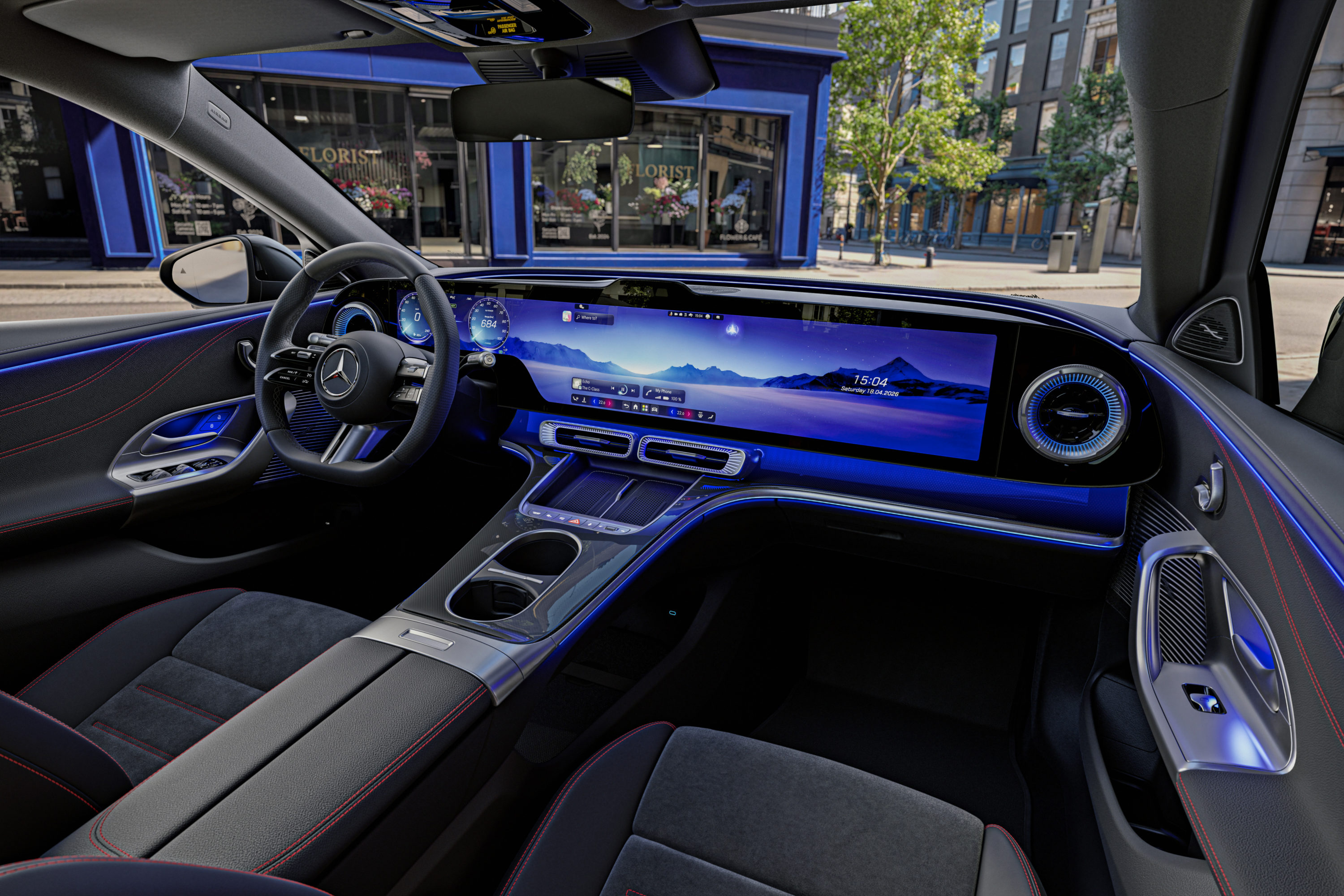 Interieur der neuen elektrischen Mercedes-Benz C-Klasse, 2026. Interior of the new electric Mercedes-Benz C-Class, 2026.