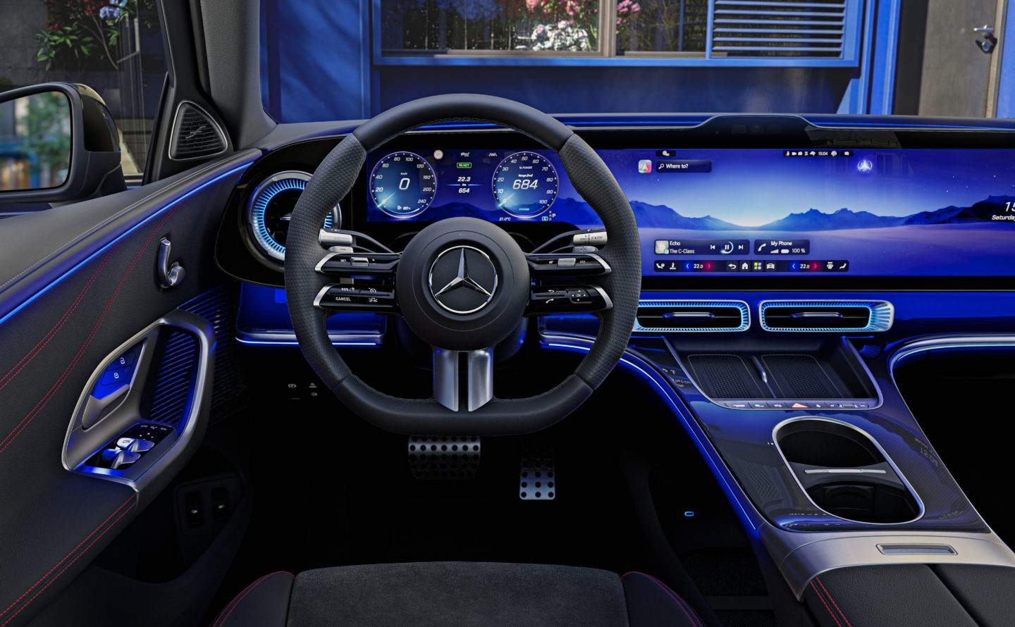 Interieur der neuen elektrischen Mercedes-Benz C-Klasse, 2026. Interior of the new electric Mercedes-Benz C-Class, 2026.