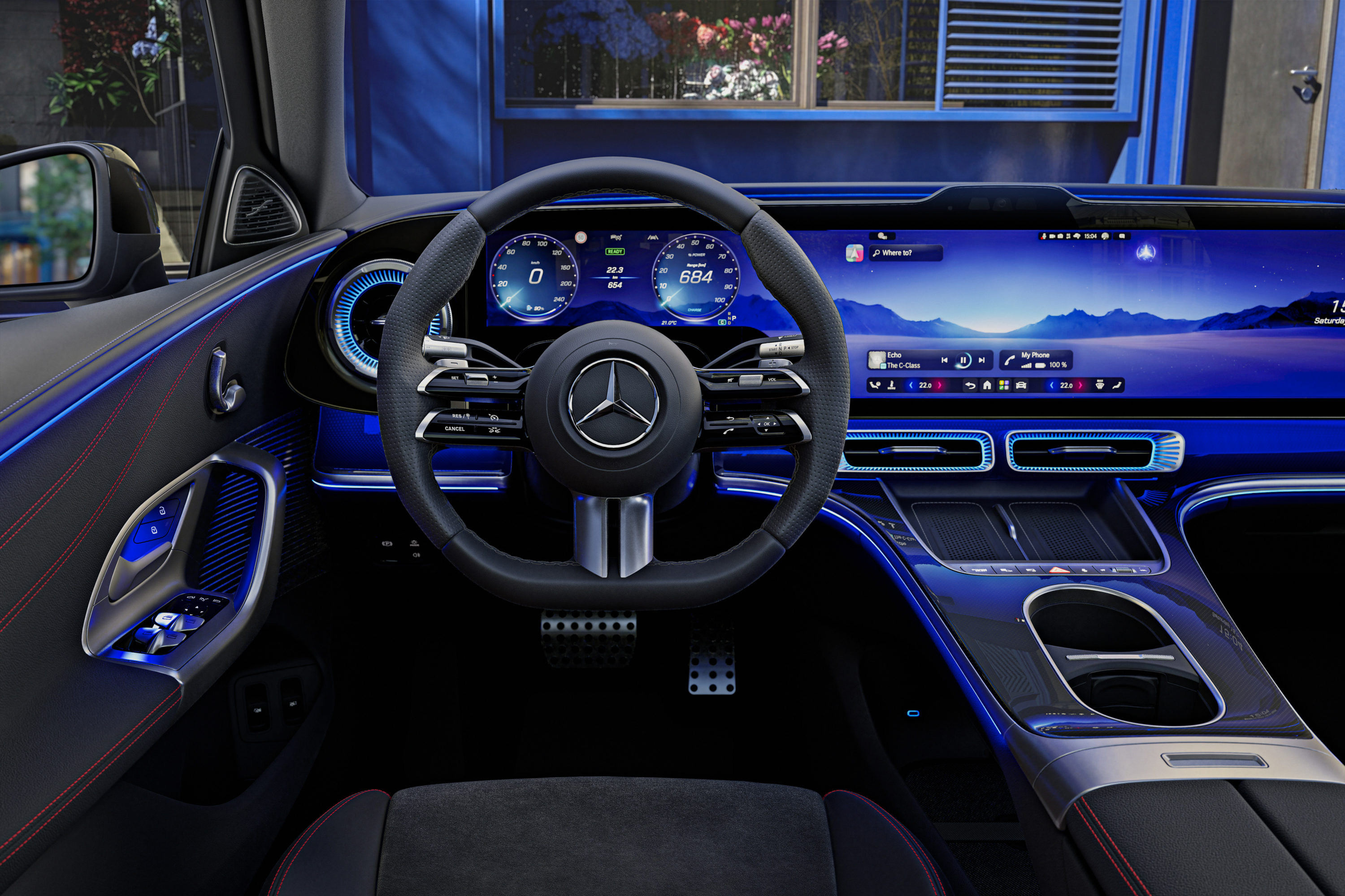 Interieur der neuen elektrischen Mercedes-Benz C-Klasse, 2026. Interior of the new electric Mercedes-Benz C-Class, 2026.