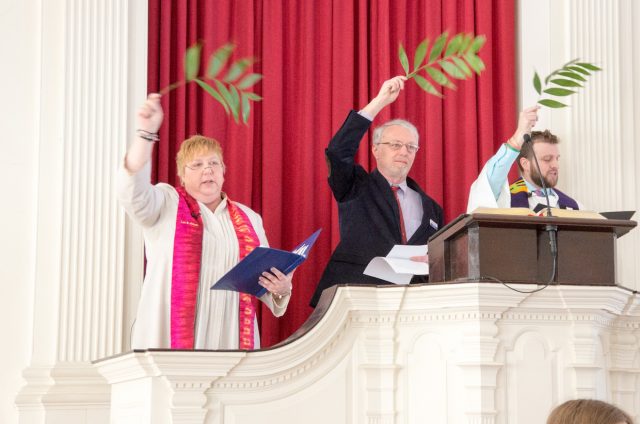 Rev. Lynne Dolan and Rev. Robert Hyde in the Pulpit of First Congregational Church, Shrewsbury, MA on Palm Sunday