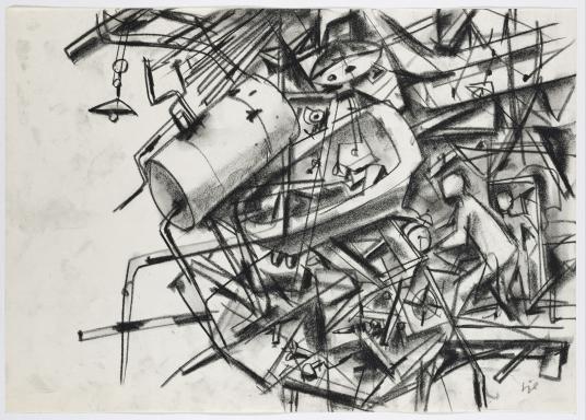 A drawing featuring a mass of intersecting black lines that resemble pipes. Some of the lines form objects: a barrel, a hanging lamp, and a bathtub. A figure can be seen bending down.