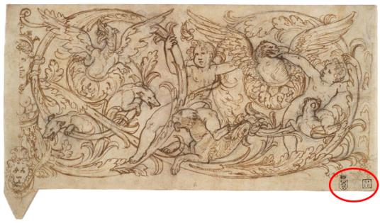 A drawing of cherubs, a dragon, an eagle, and other animals encased in a swirling foliate design.