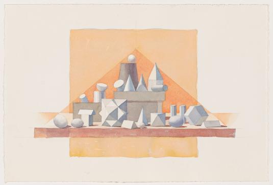 A geometric watercolor drawing features a central peach-colored square, with an orange triangle superimposed on it, and, on the base of the triangle, several smaller geometric shapes shaded in grayscale.