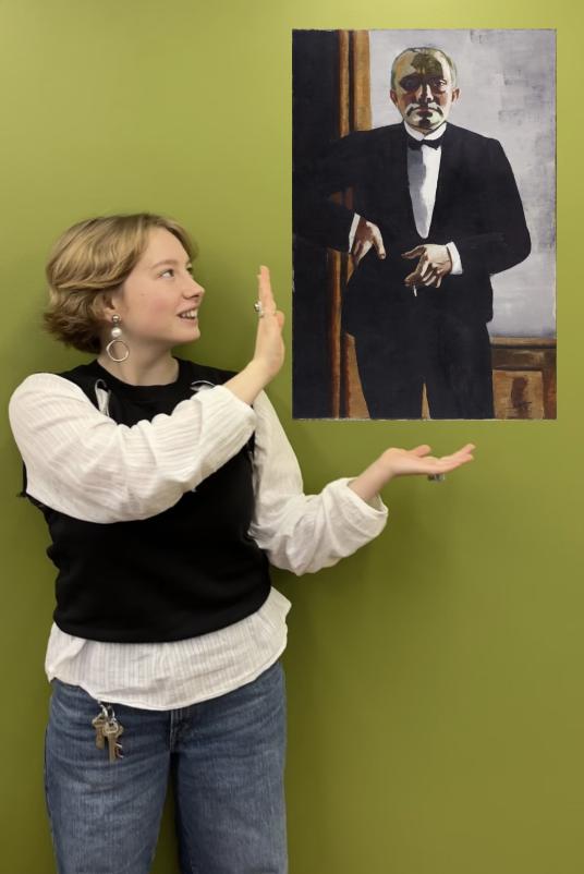 In this photomontage, a young woman stands in front of a green backdrop gesturing toward a painting that appears to float. The painting is of a man in a tuxedo facing the viewer.  