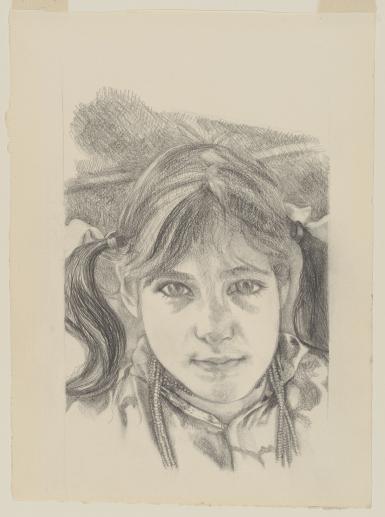 This drawing shows a girl with her hair in pigtails. She is looking directly at the viewer. 
