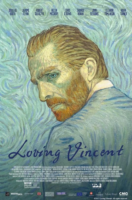 A movie poster features a painting of a man looking over his shoulder with a swirling blue and green background.