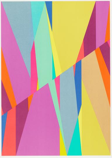 Abstract artwork of overlapping colorful geometric shapes in bright pink, yellow, blue, green, orange, and purple.