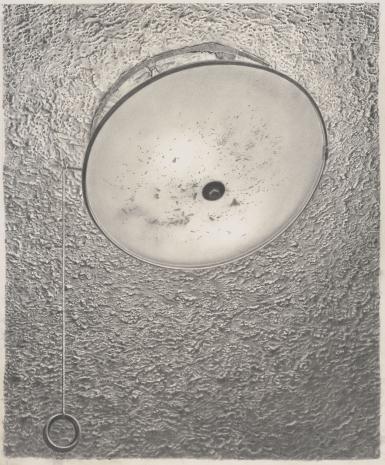 An opaque glass light fixture, dotted with dust particles and dead bugs, fixed to a textured, popcorn ceiling.