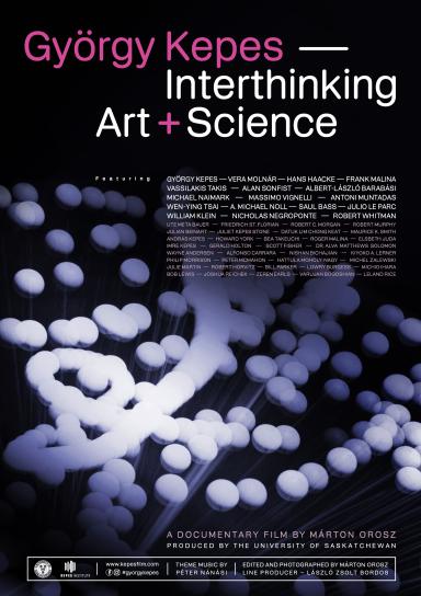 A movie poster for a film shows white dots against a dark background; the title reads: György Kepes: Interthinking Art + Science.