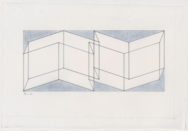 A geometrical drawing of two forms that look like overlapping open boxes on a translucent sheet of paper with a blue background.